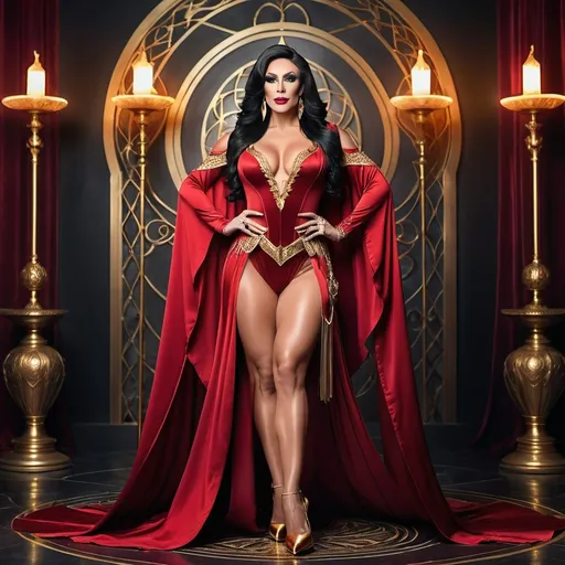 Prompt: Fantasy portrait of a muscular, beautiful, elegant 35-year-old drag queen sorceress, full body pose emphasizing her long legs and delicate feet, wearing rich crimson robes with luxurious gold trim and stylish stiletto high heel shoes. Her rich black hair cascades elegantly.  She is standing with her magic staff in hand. The background features a mystical mage sanctum, adorned with ancient artifacts and a warm, enchanting glow, capturing a magical atmosphere. Highly detailed, vibrant colors, ultra-detailed, and captivating ambiance.