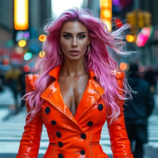 Prompt: Glamour photography of a Gorgeous ultra-muscular 25-year-old Italian female goddess bodybuilder with very long flowing pink hair, in Manhattan, Richard Avedon style, curvaceous, diamond face, muscular physique, neon orange leather jacket, buttoned blouse, miniskirt, 8 inch stiletto high heel fashion boots, dynamic pose, busy streetscape background, high-res, glamorous, urban, fashion photography, vibrant, detailed eyes, dramatic lighting