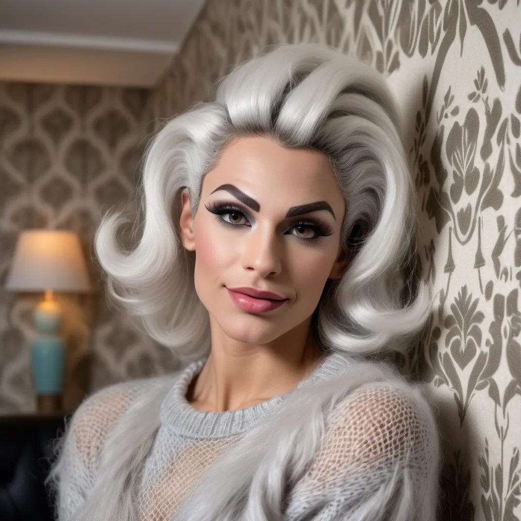 Prompt: Gorgeous muscular 25-year-old silver-haired French drag queen (masculine jawline and brow facial features) in a modern home, against a wall with wallpaper and furniture background
wearing long cable knitted angora mohair sweater , (extremely fluffy:1.8) angora mohair sweater, from side, looking at viewer, smile, (full lips:1.8), dark red lipstick, daek eyeliner, dark makeup, 8k, very detailed, green eyes, very detailed eyes,
source_real, raw, photo, amateur, french drag queen, Close-Set Eyes, [eyecolors violet], full lips, high cheekbones, weak receding chin, burgundy, lob, light blue, lip gloss, __15JeweleryMaterials__ __14Piercing__, large busom,  gorgerous, outdoor, portrait, , highly detailed, detailed skin, depth of field, film grain
(photorealistic) (bokeh) (intricate details) (cinematic lighting) (sharp focus)
