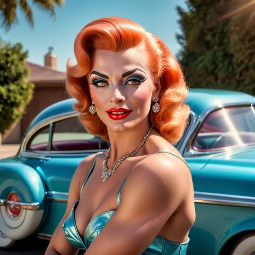 Prompt: photorealistic, (hyperrealistic) portrait of a 50s pinup drag queen bodybuilder model (strong masculine jawline and brow features), posing alluringly by a classic vintage 50s car, vibrant colors, warm sunlight illuminating her radiant skin, nostalgic ambiance, vintage pin-up poster style, high-quality, detailed textures, retro fashion style, captivating smile, glossy finish, soft focus on the background to highlight the model and car, creating a timeless nostalgic feel.