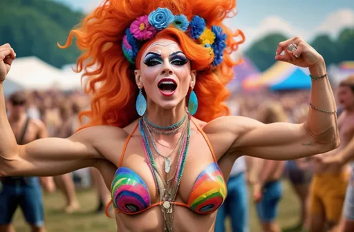 Prompt: photorealistic, high resolution,  a gorgeous 
ultra-muscular 25-year-old Polish drag queen (Athletic physique) at Woodstock festival, dancing in a dynamic pose, elaborate detailed facial features, her expression of ((calm ecstatic bliss,)) emulating the hippie spirit, vibrant colors, psychedelic attire, crowded atmosphere with a (packed sea of people) seated, backdrop filled with lively performances, warm and sunny ambiance, showcasing (entrancing beauty), capturing the essence of youth and freedom, ultra-detailed.