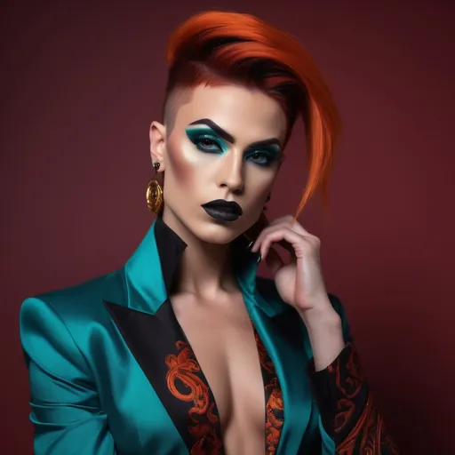 Prompt:  (A gorgeous muscular 25-year-old Macedonian drag queen (masculine jawline and brow features) with dark eyeshadow, 
dark lipstick,  and dark orange hair wearing a teal Versace), fierce pose, dramatic (red and black color palette), high-fashion editorial style, luxurious fabric textures, sleek and chic outfit details, vivid presence, modern ambiance, strong emotional intensity, cinematic lighting, backdrop of elegant high-fashion runway, (ultra-detailed, 4K).