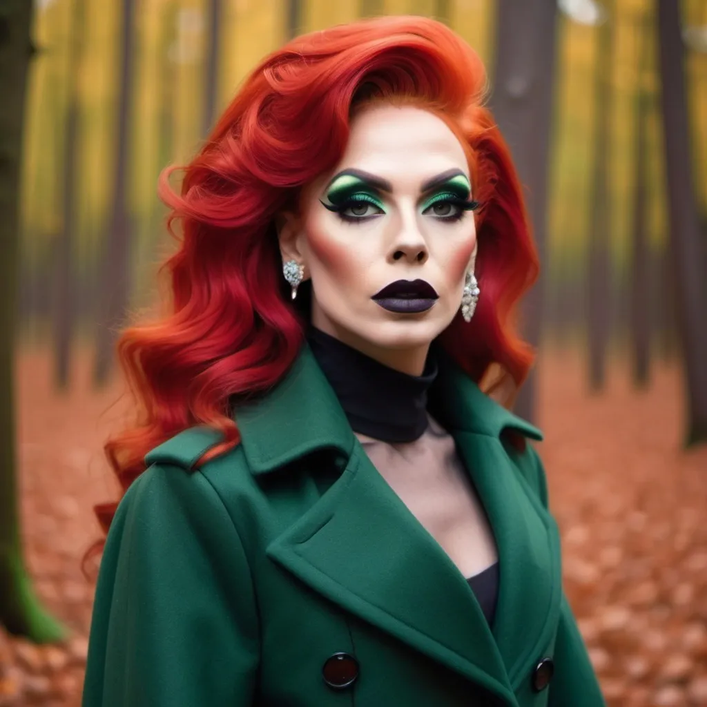 Prompt: Beautiful drag queen, bright red hair, in autumn forest in green long fashion coat, dark eyeshadow and dark lipstick,  very strong masculine jawline and brow,.