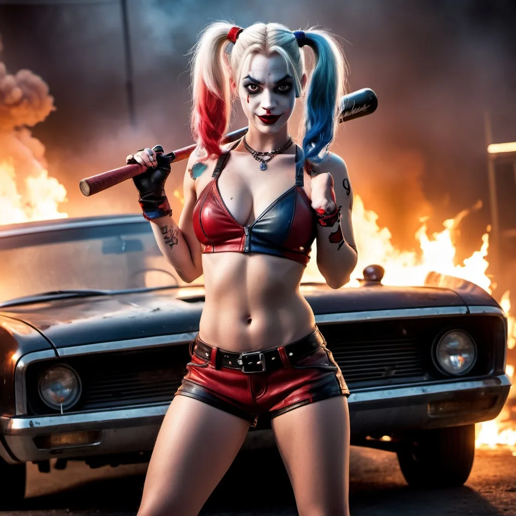 Prompt: harley quinn, holding a baseball bat,  tiny skimpy leather shorts, spikes, burning car in background, professional, atmospheric lighting, action pose, intense action