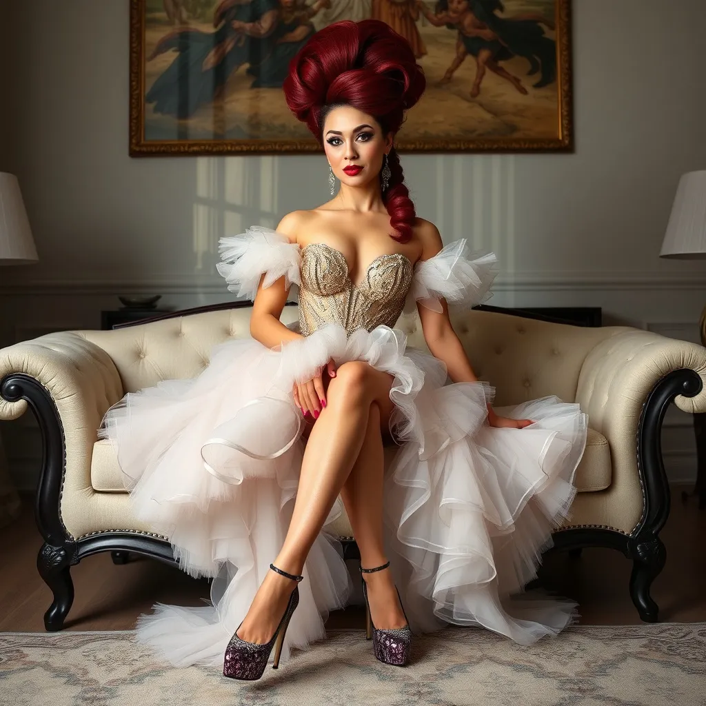 Prompt: Gorgeous ultra-muscular 25-year-old Dutch drag queen dressed as a modern fairytale princess with ridiculously long dark red updo hair wearing eight inch stiletto high heel shoes posing on the couch