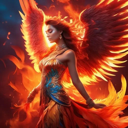 Prompt:  a flaming phoenix is perched on a 25 year old goddess's shoulder. The 25 year old goddess has clothes made of feathers and looks like a phoenix as a 25 year old goddess. Full length. Muscular. Huge busom.