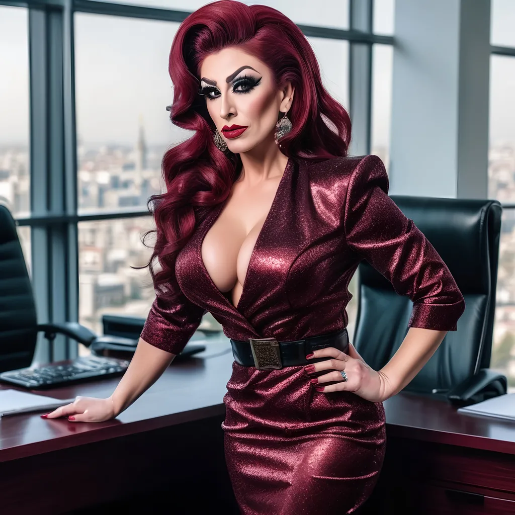 Prompt: A beautiful muscular 35-year-old Turkish drag queen with large busom, dark eyeshadow,  heavy mascara,  dark red lipstick,  and long dark red updo hair, wearing a conservative business dress, 8 inch stiletto high heel shoes. She stands in office. Full body.