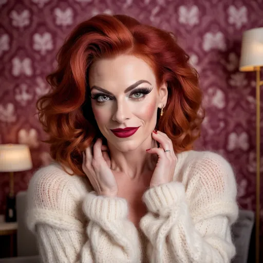 Prompt: Gorgeous muscular 35-year-old red-headed French drag queen in a modern home, against a wall with wallpaper and furniture background
wearing long cable knitted angora mohair sweater , (extremely fluffy:1.8) angora mohair sweater, from side, looking at viewer, smile, (full lips:1.8), dark red lipstick, daek eyeliner, dark makeup, 8k, very detailed, green eyes, very detailed eyes,
source_real, raw, photo, amateur, french drag queen, Close-Set Eyes, [eyecolors violet], full lips, high cheekbones, weak receding chin, burgundy, lob, light blue, lip gloss, __15JeweleryMaterials__ __14Piercing__, large busom,  gorgerous, outdoor, portrait, , highly detailed, detailed skin, depth of field, film grain
(photorealistic) (bokeh) (intricate details) (cinematic lighting) (sharp focus)
