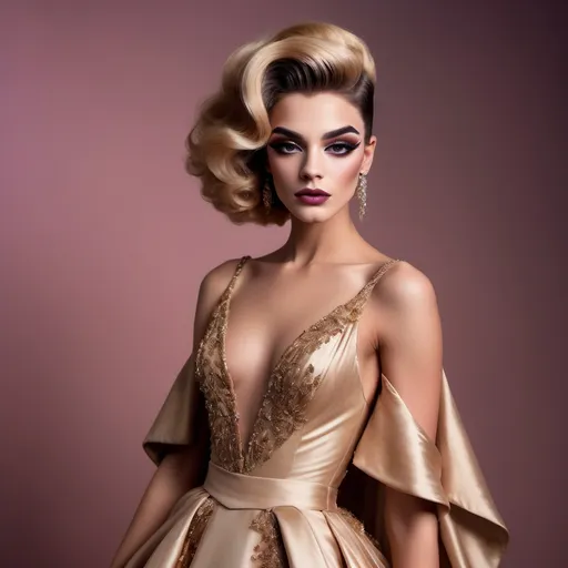 Prompt: Elegant 19-year-old French drag queen (with strong masculine jawline and brow facial features), adorned in a flowing gown that sways gracefully, radiating poise and sophistication, set against a softly blurred opulent background filled with twilight colors, exuding an atmosphere of charm and allure, high fashion portrait, ultra-detailed, luxurious textures, warm golden lighting, capturing the essence of elegance in every detail.