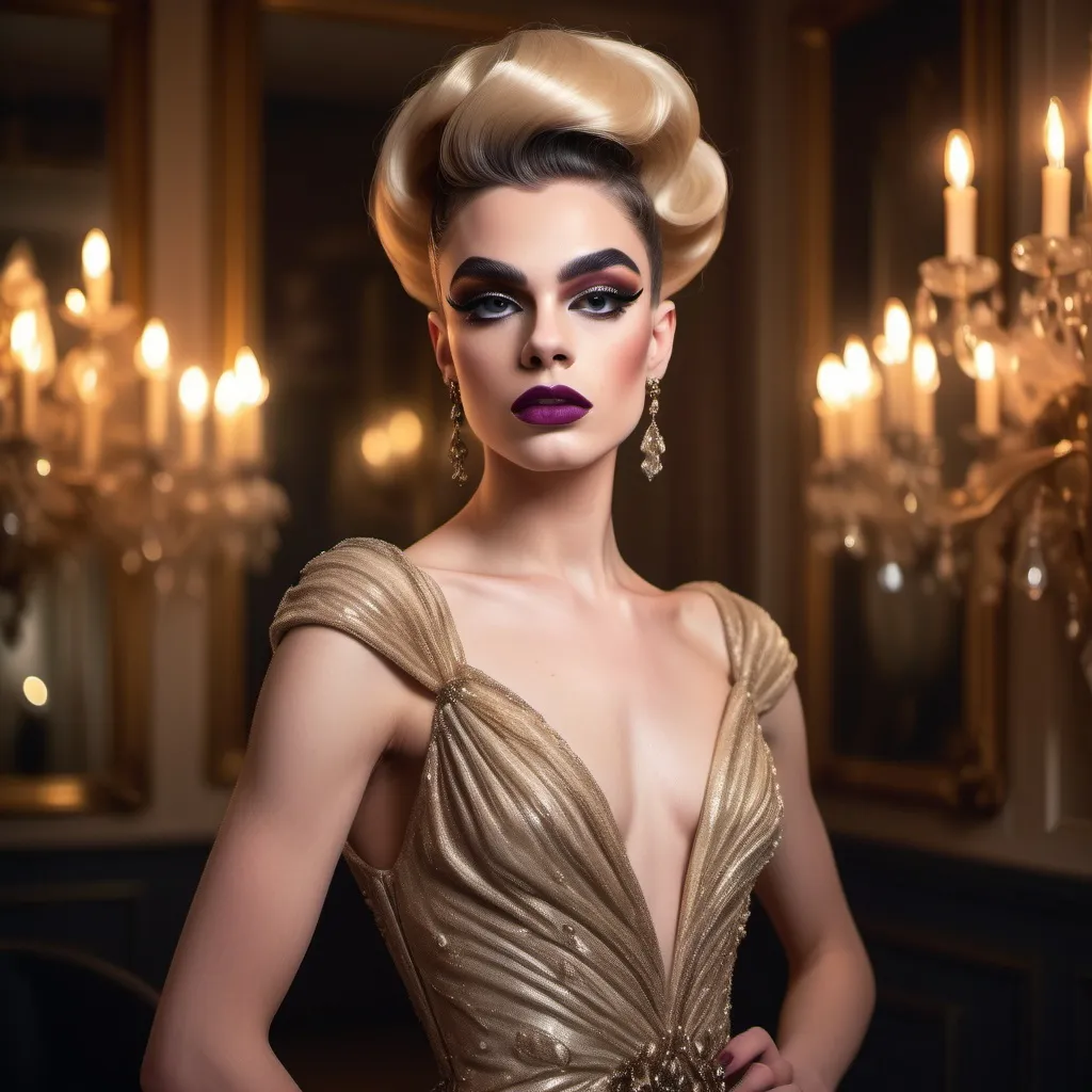 Prompt: Elegant 19-year-old French drag queen (with strong masculine jawline and brow facial features), adorned in a flowing gown that sways gracefully, radiating poise and sophistication, set against a softly blurred opulent background filled with twilight colors, exuding an atmosphere of charm and allure, high fashion portrait, ultra-detailed, luxurious textures, warm golden lighting, capturing the essence of elegance in every detail.