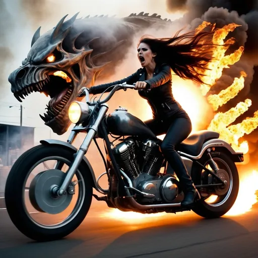 Prompt: Faster than a bullet
Terrifying scream
Enraged and full of anger
She is half woman and half machine
Rides the metal monster
Breathing smoke and fire
Closing in with vengeance soaring high