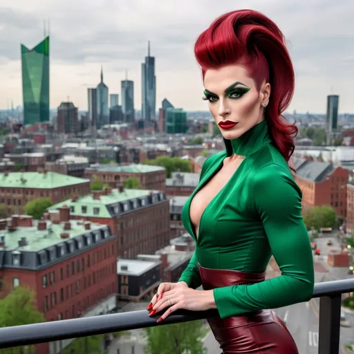 Prompt: Gorgeous muscular 25-year-old Belgian drag queen (strong masculine jawline and brow) with very long dark red tight updo hair in a green outfit and 8 inch stiletto high heel shoes, with a cityscape background, Erlund Hudson, transgressive art, promotional image, a character portrait