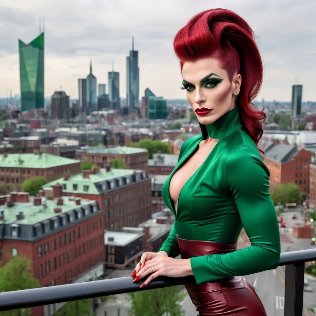 Prompt: Gorgeous muscular 25-year-old Belgian drag queen (strong masculine jawline and brow) with very long dark red tight updo hair in a green outfit and 8 inch stiletto high heel shoes, with a cityscape background, Erlund Hudson, transgressive art, promotional image, a character portrait