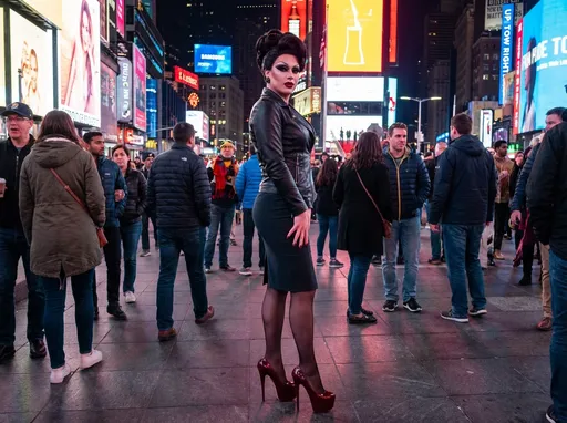 Prompt: Gorgeous, muscular 35-year-old French drag queen with dark eyeshadow, dark red lipstick,  dark red manicured fingernails, long toned legs, dark red tight updo hair, wearing 8 inch stiletto high heel shoes, black sheer nylons, knee-length pencil skirt, tight leather jacket, standing in Time Square at night