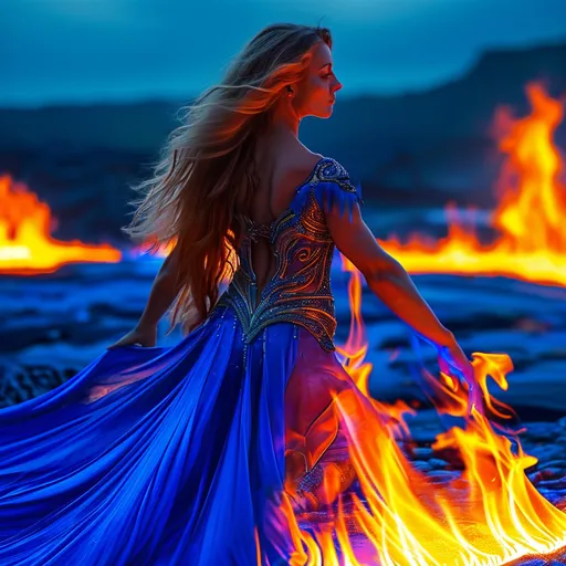 Prompt: Gorgeous ultra-muscular 25-year-old Swedish goddess bodybuilder dancing on blue flame, silhouette, lava, long flowing blue flame gown, huge busom, long wavy fiery hair, long muscular legs, very muscular dancing female, mystical background, 