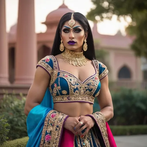 Prompt: Exuding elegance, a gorgeous, very muscular, 21-year-old, Indian drag queen  stands in a vibrant outdoor setting, wearing a beautifully embroidered traditional Indian dress with intricate gold details and intricate embellishments. High resolution (8K or UHD), soft natural lighting, and realistic depth of field, shot on a Sony A7R IV, 50mm f/1.8 lens, ISO 100
