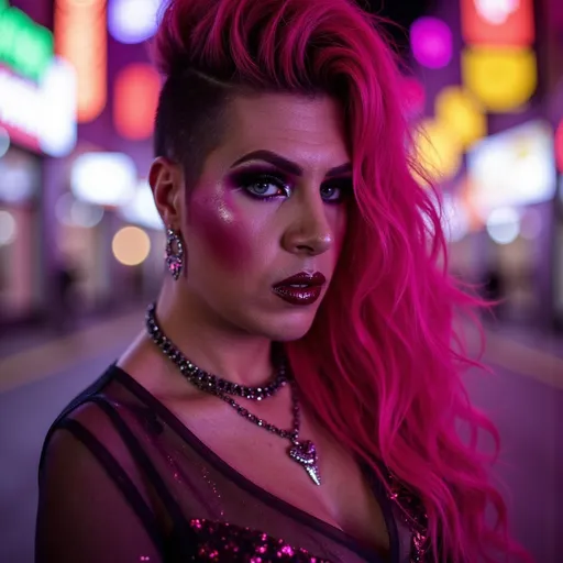 Prompt: (Gorgeous ultra-muscular 25-year-old Czechian drag queen bodybuilder), vibrant pop star depiction, conservative and classy outfit, dynamic pose, bold fashion choices, electric energy, urban landscape background, dark eye makeup, dark lipstick, neon lighting, expressive facial features showcasing confidence, aesthetic capturing the essence of the music scene, cinematic composition, ultra-detailed high definition, modern atmosphere reflecting a contemporary vibe.