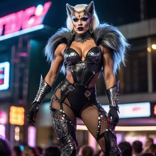 Prompt: Gorgeous muscular cyberpunk drag queen werewolf, great legs, crystal high heels,  dark lipstick.