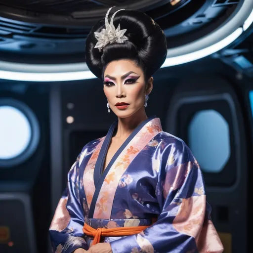 Prompt: A gorgeous muscular Japanese drag queen (very strong masculine jawline and brow features) wears a kimono while standing in a space ship, background is shows the vastness of space.