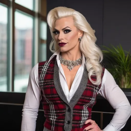 Prompt: Gorgeous muscular 35-year-old German drag queen (strong masculine jawline and brow) bodybuilder with long luscious platinum blonde hair, dark smoky eyeshadow, heavy mascara and dark red lipstick, smile, silver jewels, chic white blouse, tweed sweater vest, plaid pencil skirt, standing profile in a luxe lobby, well lit, high detail & quality, 8k, pro photo.