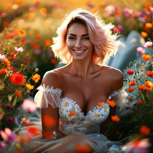 Prompt: A gorgeous ultra-muscular 25 years old Czechian goddess bodybuilder with huge busom short pink hair, in a short, airy transparent dress, flying in a field of wild flowers. Professional photography, bokeh, natural lighting, canon lens, shot on dslr 64 megapixels sharp focus