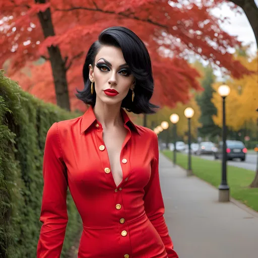 Prompt: Slim, gorgeous, 25-year-old, Swiss drag queen wearing a form fitted slim long Red button down dress, gold stiletto high heels, short straight black shoulder length hair. Walking through Cantral Park.