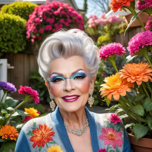 Prompt: Gorgeous elderly drag queen with a silver updo hairstyle, gardening in a backyard while wearing tight jeans, cardigan sweater, abd 8 inch stiletto high heel shoes.