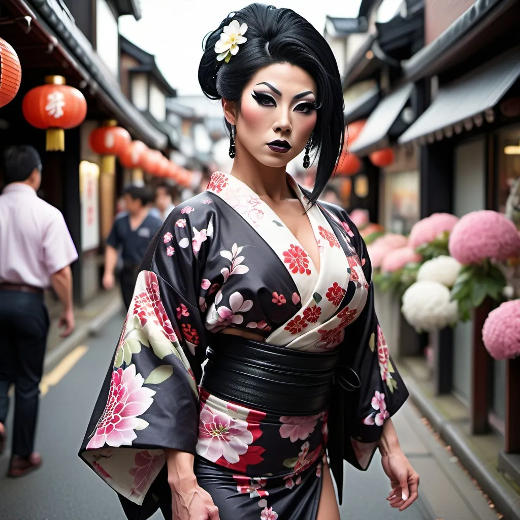 Prompt: Gorgeous muscular 25-year-old Japanese drag queen bodybuilder (dark eyeshadow  and dark lipstick) with huge busom walking down the high street, detailed clothing, realistic, natural lighting, photorealistic, Japanese flower design on her kimono. Black hair in traditional Japanese style. 