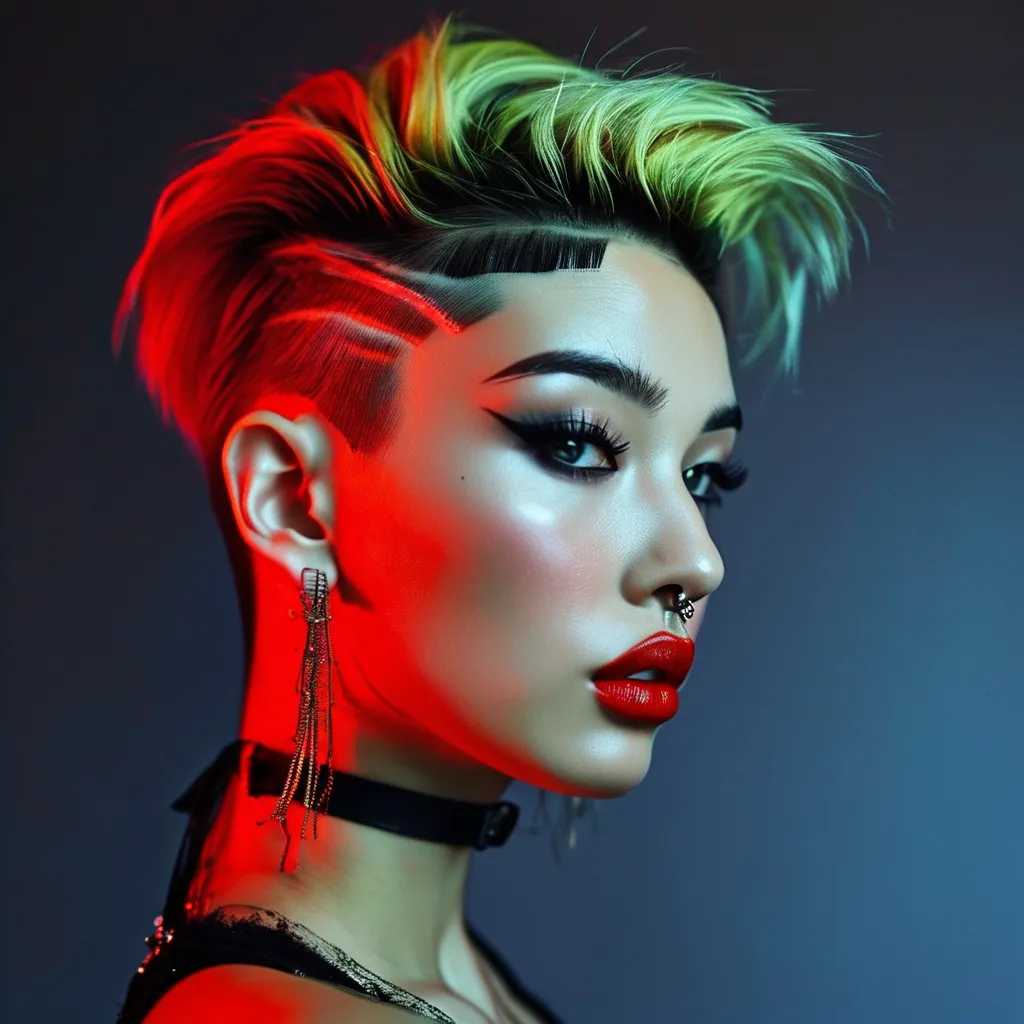 Prompt: side buzzed fade longer k-pop top cut with a dark red trendy moehawk, hair cut sample, fashion magazine, high focus on trendy hairstyle, gorgeous 25-year-old Czechian drag queen model with thick eyeshadow and dark red lipstick--ar 9:16 --v 6.0