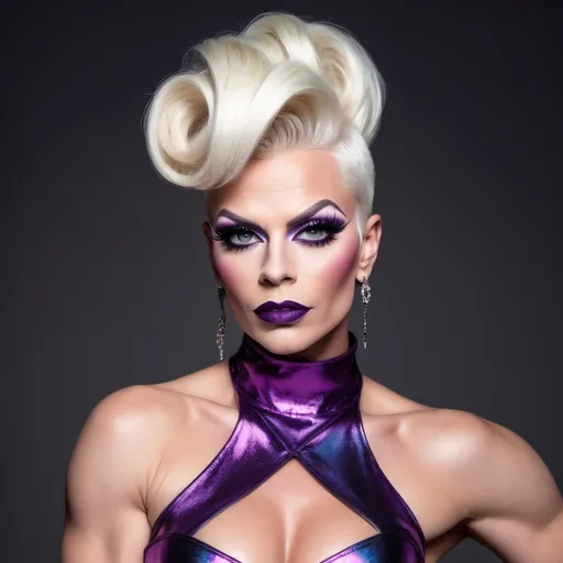 Prompt: The most beautiful muscular 35-year-old Finnish drag queen (with very strong masculine jawline and facial features) with stylish platinum blonde updo hair and large busom.  Wearing a sassy, cute, stylish, colorful party dress and 8 inch platform stiletto high heel knee-high boots.  Dark eyeshadow,  dark lipstick,  heavy mascara. 