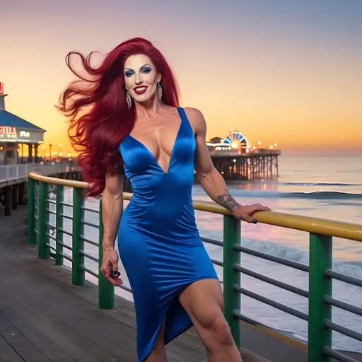 Prompt: Hi-res, 8k hd, Full body photography, Gorgeous tall muscular Italian drag queen bodybuilder, 25 years old, ultra-long straight dark red hair (((blowing in wind))), crystal blue eyes, long muscular legs, muscular physique, dark smoky eyeshadow, dark red lipstick, smiling, short yellow cotton sundress, 8 inch stiletto high heel shoes, standing in front of the Santa Monica Pier at dusk, 8k photo, elegant, stylish, detailed features, highres, natural lighting, vibrant colors. Full length photography, full body photography. Ultra-detailed,  ultra-realistic. 