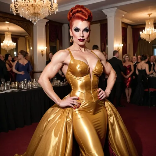 Prompt: 64k his-res digital Full length photograph of a Gorgeous busomy 35-year-old Finnish drag queen bodybuilder with auburn, long updo hair style. (((Gold and red ball gown and high heel shoes))). Dark eye shadow and dark red lipstick. Posing on the dance floor.