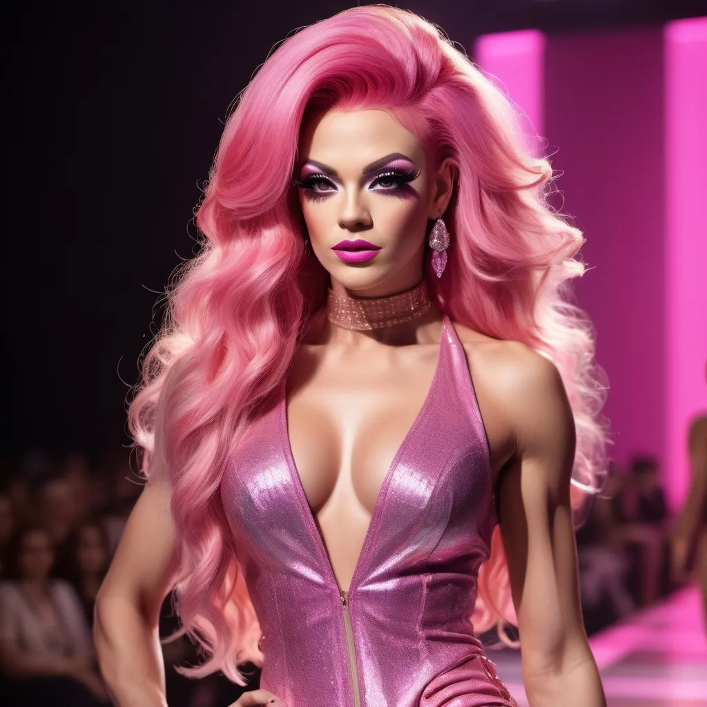 Prompt: Graham Norton dressed up as a Gorgeous statuesque 25-year-old Russian drag queen bodybuilder runway model with pink hair walking the catwalk at a fashion show.