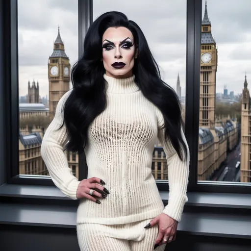 Prompt: Gorgeous muscular 35-year-old French drag queen with strong masculine jawline,  very long black hair, dark eyeshadow, and dark lipstick, in the CAD office wearing a white chenille knitted sweater, next to the window with London city and Big Ben view