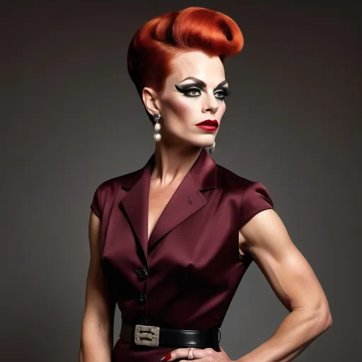 Prompt: Gorgeous muscular 35-year-old Danish drag queen (strong masculine jawline and brow), Prada 1950s style elegant silhouette, classic tailored look, vibrant colors, rich textures, polished accessories, soft lighting, nostalgic ambiance, high-quality detail, reminiscent of mid-century fashion photography, chic dark red hairstyle, playful patterns, stylish footwear, retro elegance