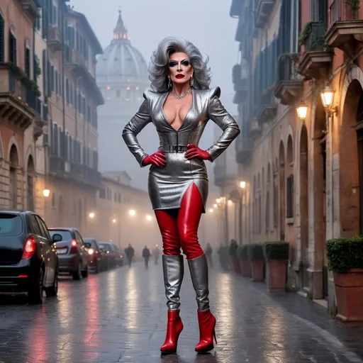 Prompt: Mysterious, Tall, gorgeous, muscular, 50-year-old Italian drag queen with salt & pepper stylish hair, dark eyeshadow,  and dark red lipstick, wearing a beautiful silver outfit and 8 inch stiletto red thigh-high stiletto high heel boots, walking the streets of Rome on a foggy evening.