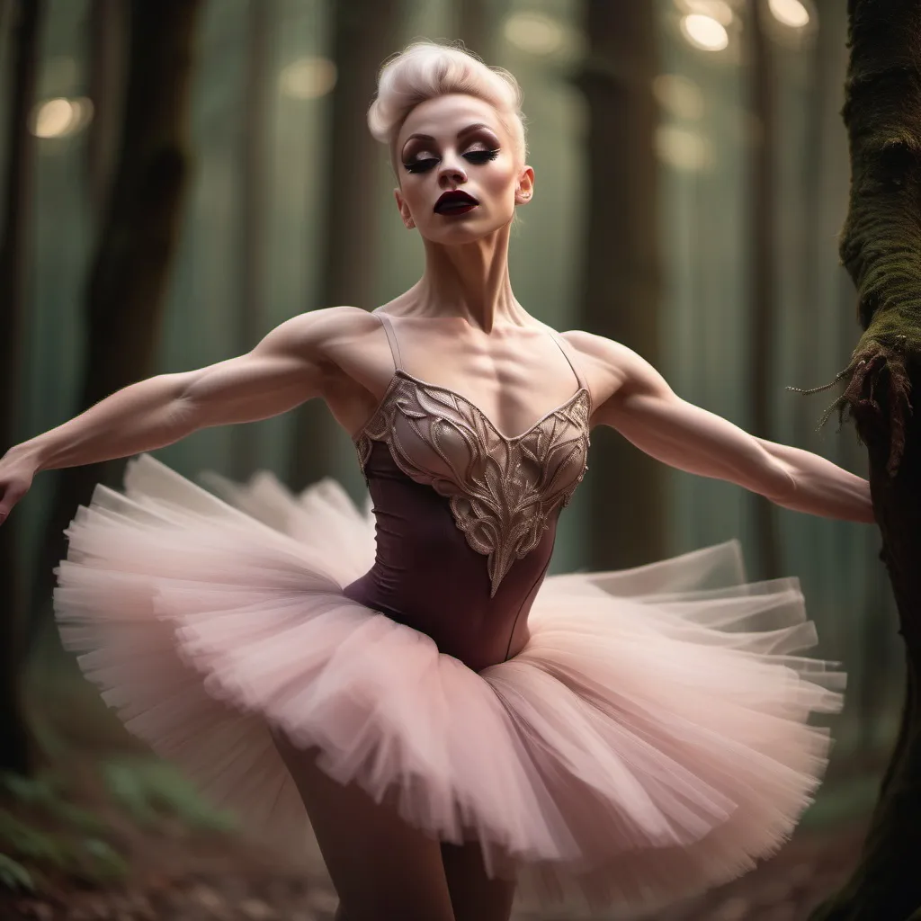 Prompt: (focused character gorgeous ultra-muscular 25-year-old Swedish drag queen bodybuilder), (elegant ballet pose), soft warm lighting, flowing pastel-colored tutu, enchanted forest background, delicate expression, intricate details in attire, dark eyeshadow,  dark red lipstick, immersive atmosphere, ethereal vibe, graceful movements, dreamy ambiance, intricate ballet shoes, glowing soft light filtering through trees, beautiful HD quality, atmospheric cinematic mastery