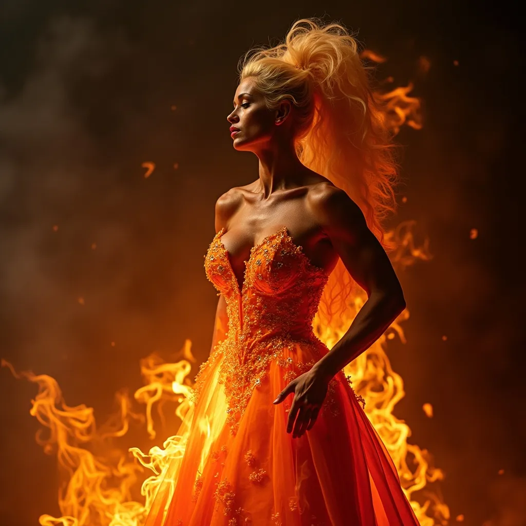 Prompt: Gorgeous muscular 35-year-old French drag queen bodybuilder made of smoke and fire. Wearing a gown of lava.