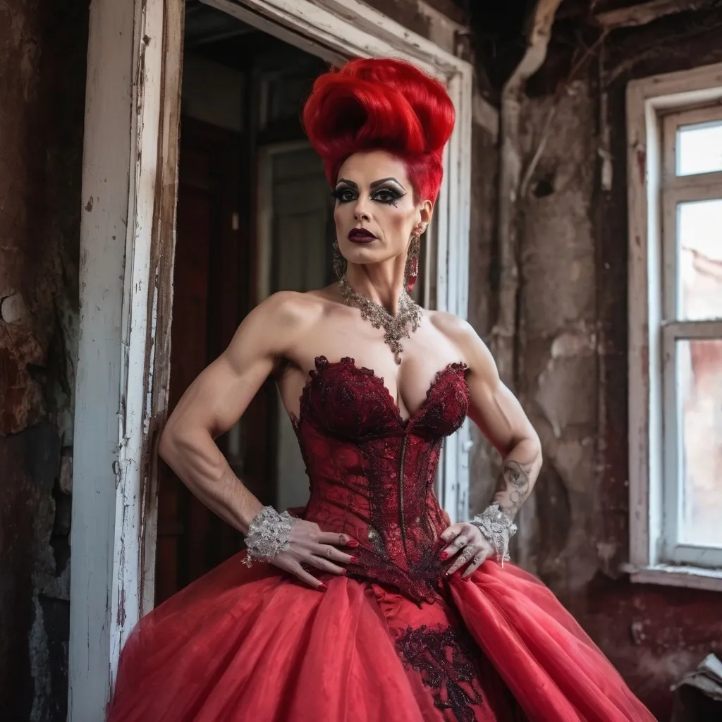 Prompt: Gorgeous muscular 35-year-old Turkish drag queen (masculine facial features) with bright red updo hair, dark eyeshadow, and dark lipstick wearing a Ball gown wedding dress in an old dilapidated house.