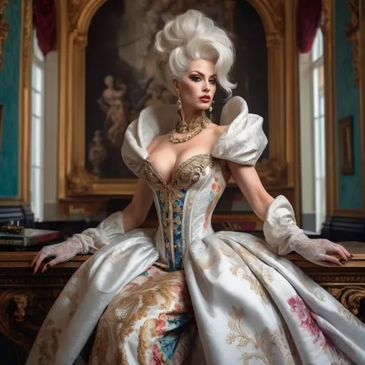 Prompt: In Rokoko Style, the main subject is a gorgeous muscular 35-year-old Czechian bodybuilder drag queen (with masculine facial features) with big busom, She is seen in an opulent, Rococo-inspired mood painted by a blend of Artgerm and Rubens, breathtaking white rokoko updo hair, wearing an elaborate dress in vibrant winter colors. The dress is rich in architectural details and voluminous, adding to the grandeur of the image. This portrayal of the young woman is either a painting, showcasing her in an indoor palace setting. The background is teeming with an abundance of intricate and ornate elements, further accentuating the luxurious ambiance. The description aims to convey the exceptional quality of the image, capturing the viewer's attention through its extraordinary attention to detail and the lavishness it exudes. Composition focus on the dress.