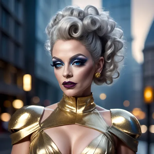 Prompt: (realistic image of futuristic French drag queen age-45), (muscular, pretty, curvy, muscular), light skin, (curly silver updo hair), blue eyes, (dressed in a gold dress), dark eye makeup, dark lipstick, posed flirty, futuristic city background, misty morning, (rich textures), (soft lighting), (ultra-detailed), 4k quality, opulent decor.