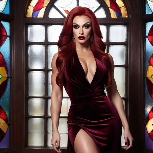 Prompt: Gorgeous ultra-muscular 25-year-old Russian drag queen bodybuilder with large busom and long straight shiny red hair wearing a short maroon velvet wrap-dress, dark eye shadow, dark red lipstick, and 8 inch stiletto high heel shoes posing provocatively for a picture in a room with a stained glass window and an elegant curtain behind her, Evelyn Abelson, photorealism, ultra realistic digital art, a photorealistic painting