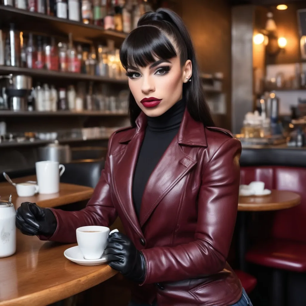 Prompt: Gorgeous muscular 20-year-old French drag queen (strong masculine jawline and brow facial features) bodybuilder, narrow face (burgundy matte lipstick), dark hair bangs combed to one side, boyish body, shiny crinkled wrinkly creased red leather sport coat , tight black leather gloves, in a turtleneck, jeans, in a cafe having tea in London 