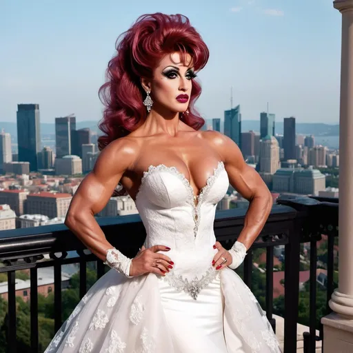 Prompt: Imagine Sylvester Stallone dressed as a Gorgeous ultra-muscular 25-year-old Finnish drag queen bodybuilder with ridiculously long wavy pink updo hairstyle wearing an elegant white wedding dress, standing on the balcony of her luxurious mansion overlooking the city skyline. Dark smoky eyeshadow,  heavy eyeliner & mascara, and dark red lipstick. The gown features delicate lace detailing along its bodice and halter neckline, complemented by sheer sleeves that accentuate her figure's curves. Her pose is confident yet graceful as she gazes out at the horizon, embodying grace and elegance in timeless beauty in the style of a classic painting