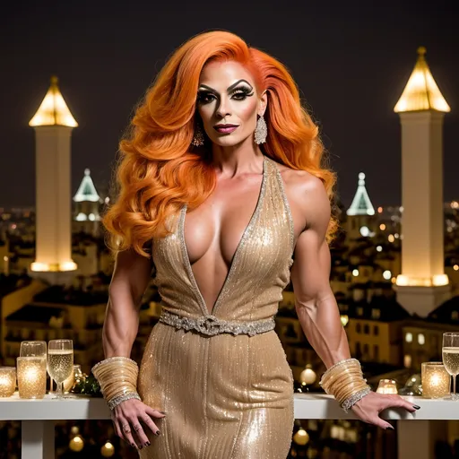 Prompt: A gorgeous muscular 35-year-old Portuguese drag queen bodybuilder with large busom and orange hair in a (joyous scene) New Year’s Eve celebration, elegant Chanel fashion, glamorous party atmosphere, sparkling lights, champagne flutes toasting, sophisticated decorations, intricate detailing in attire, warm pastel tones mixed with dramatic contrasts, exquisite backdrop featuring a chic cityscape at night, (high quality) 4K, ultra-detailed, capturing the essence of luxury and festivity.