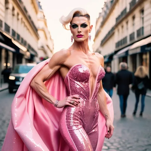 Prompt: Create a digital photograph of a beautiful stylish French drag queen bodybuilder (((with very strong masculine jawline and brow))), wearing a very classy yet flamboyant Versace pink sequined gown with 8 inch stiletto heels. She is walking contently on the streets of Paris at sunset.