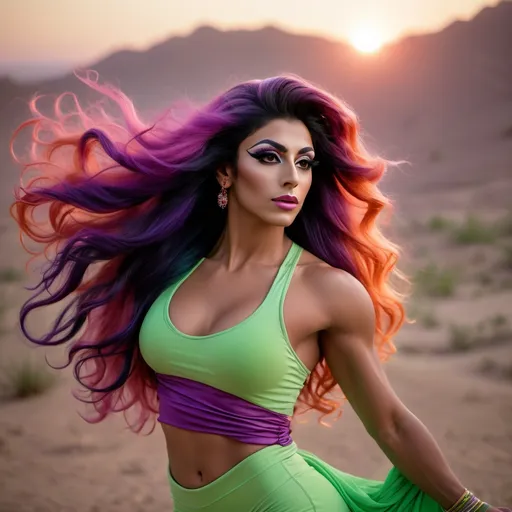 Prompt: Gorgeous ultra-muscular 25-year-old Afghan drag queen bodybuilder with very long black hair (((blowing in the wind))), fair complexion, (light green clothes), smoky background, (sunset) colors with vibrant hues of orange, pink, and purple, serene atmosphere, contrasts of light and shadow, ethereal glow among the curls, HD quality, dreamy and enchanting ambiance.