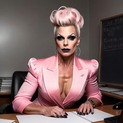 Prompt: Gorgeous muscular 45-year-old Swedish drag queen (prim and proper) science teacher with platinum pink high updo, dark eyeshadow and dark lipstick (((strong masculine jawline and brow))) sitting flirtatiously on her desk.