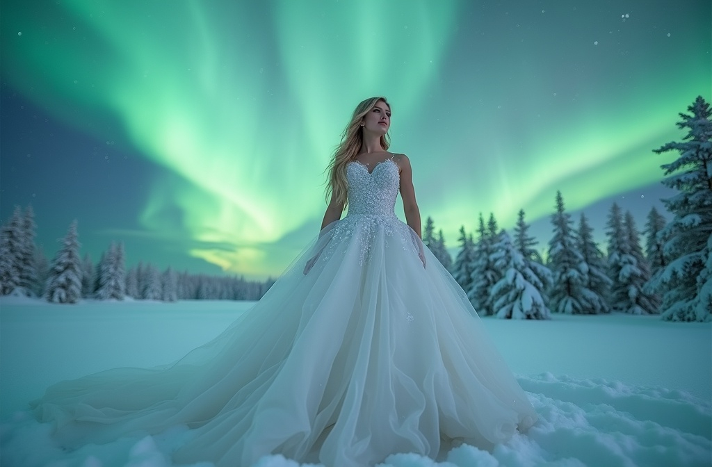 Prompt: (A 3/4 body image)A 25-year-old muscular, beautiful Nordic drag queen bodybuilder wearing A beautiful winter bridal gown designed for cold weather. Taking a bridal photoshoot in the snowy Arctic with the Northern Lights in the background.