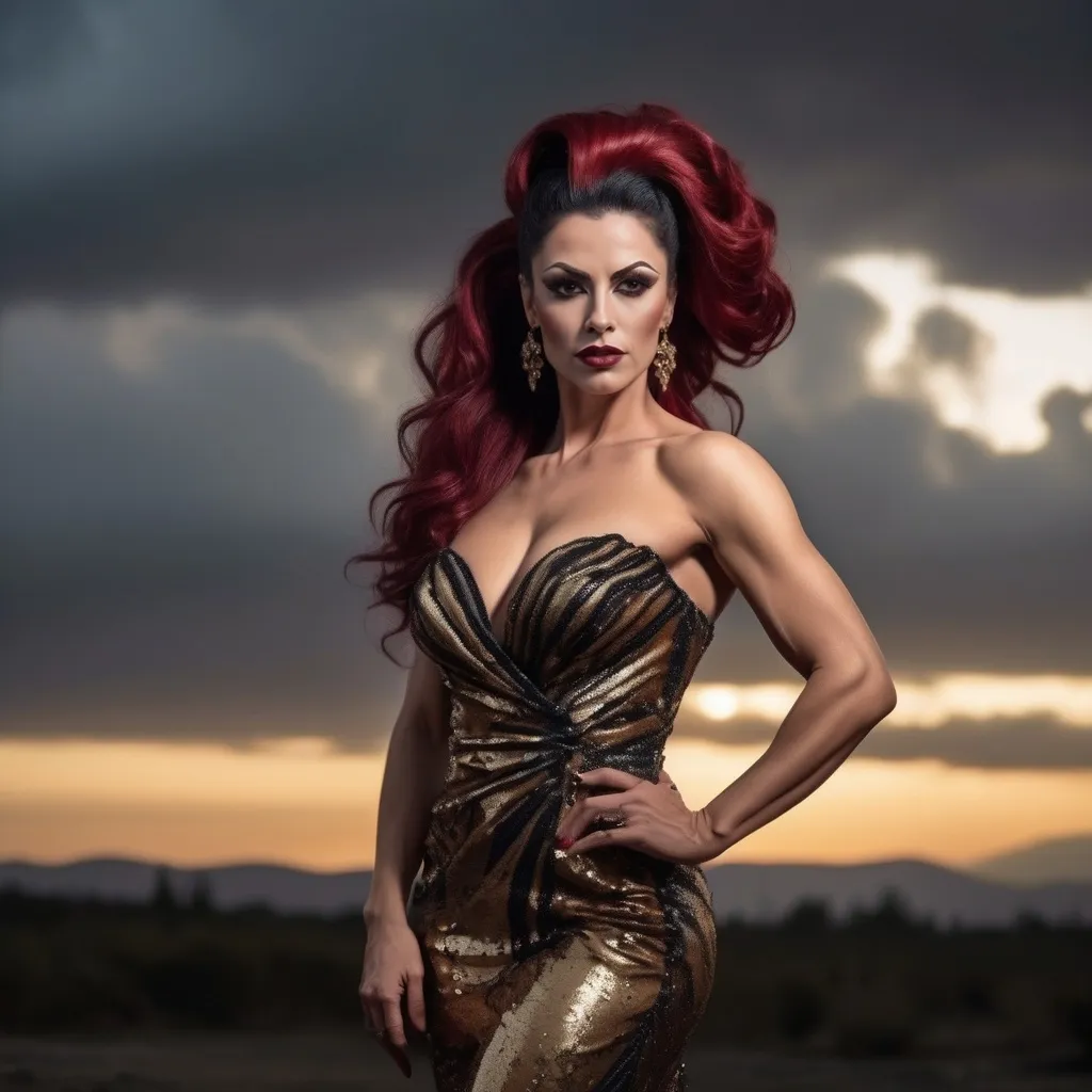 Prompt: Gorgeous muscular 35-year-old Turkish drag queen bodybuilder with long dark red flowing updo hair, dark eyeshadow and dark lipstick, long gold flowing sequined gown, romantic outdoor setting, dramatic sky, An ultra-realistic photograph captured with a Sony α7 III camera, equipped with an 85mm lens at F 1.2 aperture setting,  The image, shot in high resolution and a 16:9 aspect ratio, captures the subject’s natural beauty and personality with stunning realism –ar 16:9 –v 5.2 –style raw